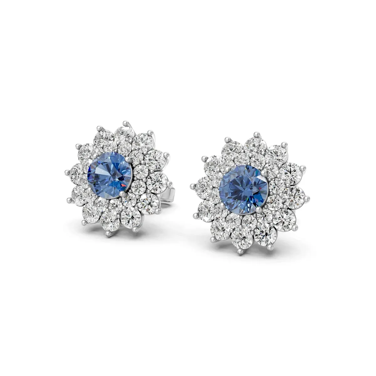 Floral Design Blue Center Stone Lab Grown Diamond Earrings