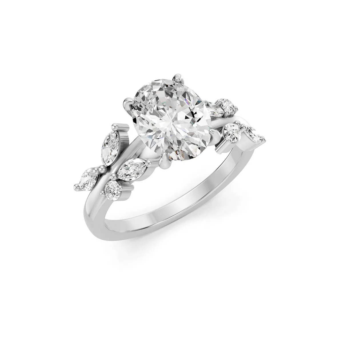 Aura Luxury Oval Lab Grown Diamond Floral Ring With Marquise Side Stones
