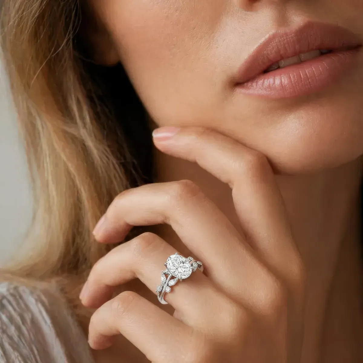 Aura Luxury Oval Lab Grown Diamond Floral Ring With Marquise Side Stones
