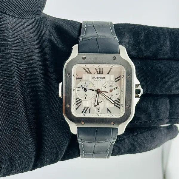 Cartier Santos XL Silver Roman Dial On Leather