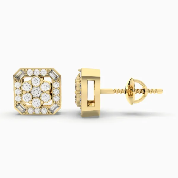Gold Cushion Shaped Natural Diamond Stud Earrings For Women