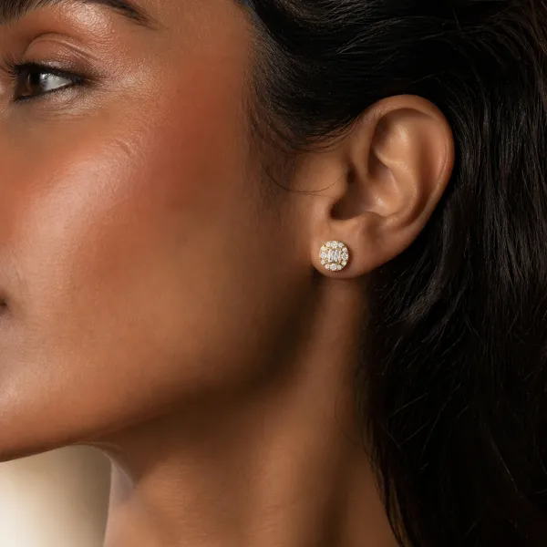 10K Yellow Gold Baguette And Round Natural Diamond Stud Earrings For Unisex