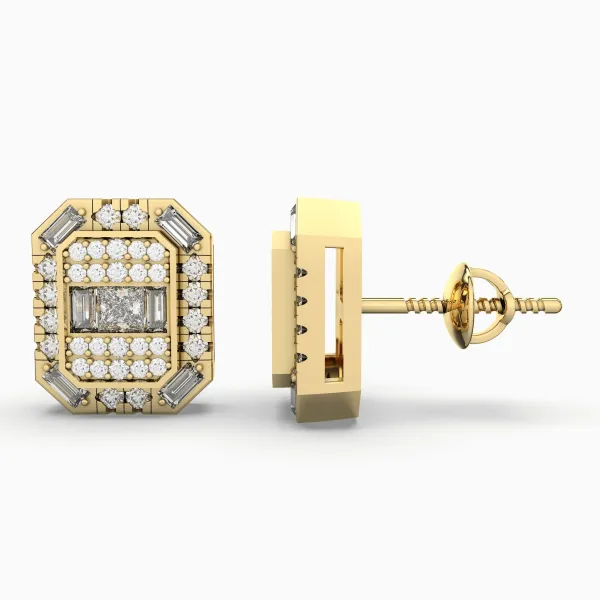 Gold Square Natural Diamond Stud Earrings
