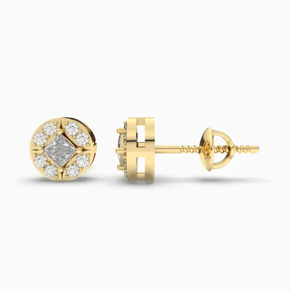Solid Gold Round And Princess Cut Natural Diamond Solitaire Stud Earring