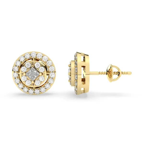 Gold Round And Princess Natural Diamond Stud Earrings
