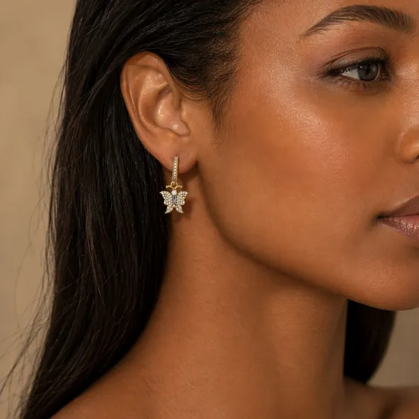 10K Yellow Gold Caterpillar Butterfly Natural Diamond Hoop Earrings