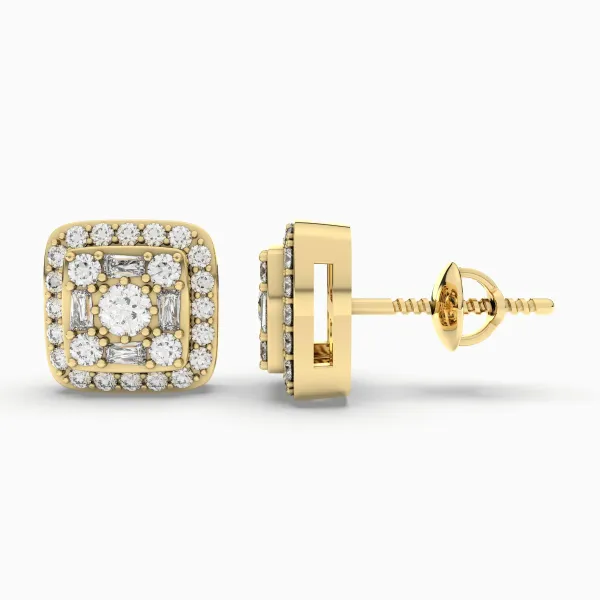 Gold Square Natural Diamond Stud Earrings For Women
