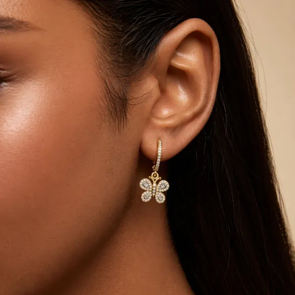 10K Yellow Gold Natural Diamond Huggie Hoop Earrings With Butterfly Drops