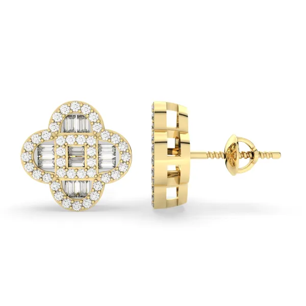 Clover Style Baguette And Round Natural Diamond Studs Earrings