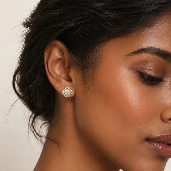 10K Yellow Gold Clover Style Baguette And Round Natural Diamond Studs Earrings