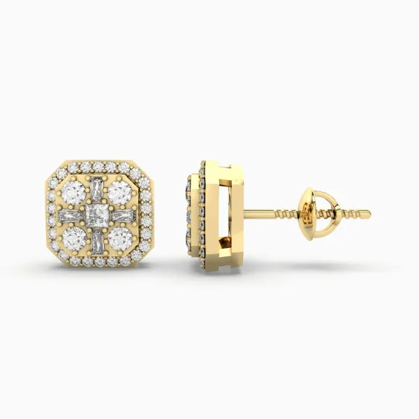 Glary Cushion Frame Halo Gold Natural Diamond Earrings