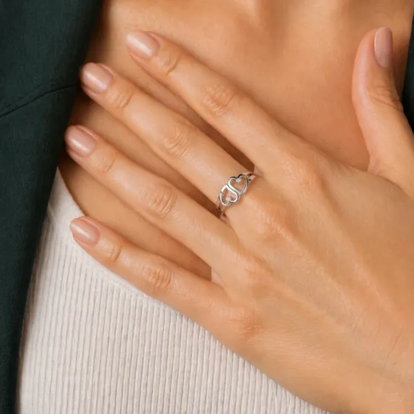 Nika 10K White Gold Romantic Love Double Heart Natural Diamond Ring For Women