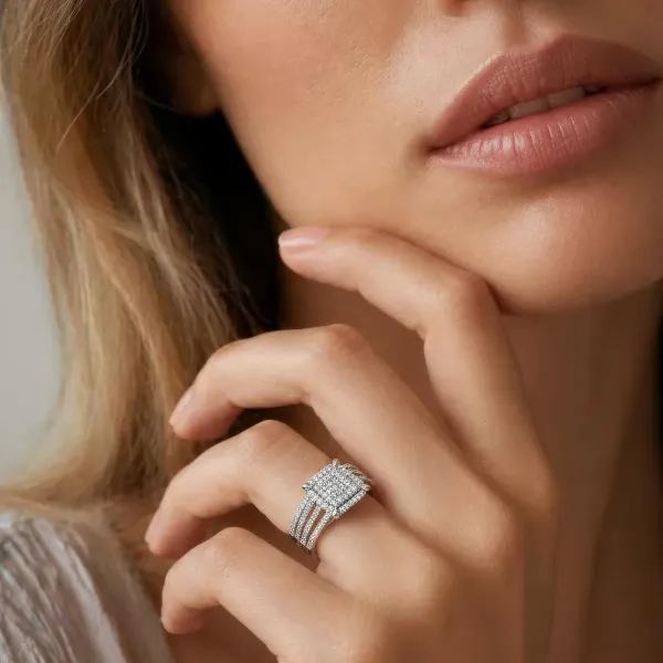 Parisa Square Shape Natural Diamond Cluster Ring with Double Band