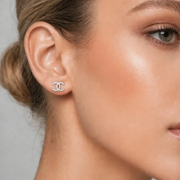 10K White Gold Interlocking CC Stud Earrings