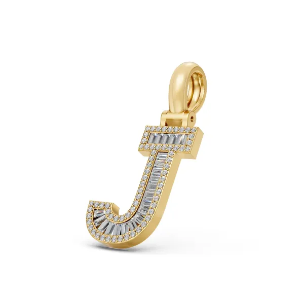 Initial "J" Baguette And Round Diamond Pendant
