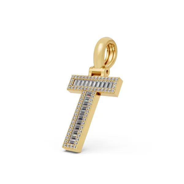 Baguette And Round Cut Natural Diamonds Letter "T" Pendant