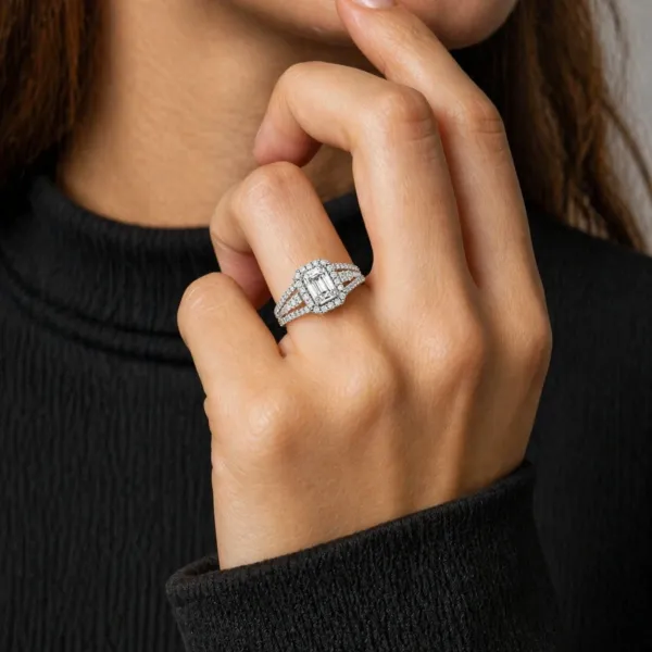 Mia 10K White Gold Elegant Multi Layer Lab Grown Diamond Engagement Ring With Emerald Cut Center Stone