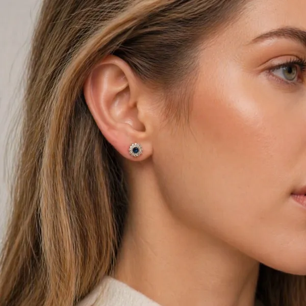 Floral Design Blue Center Stone Lab Grown Diamond Earrings