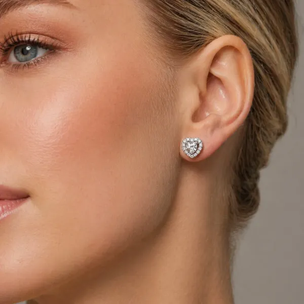 Heart Shaped Natural Diamond Halo Stud Earrings