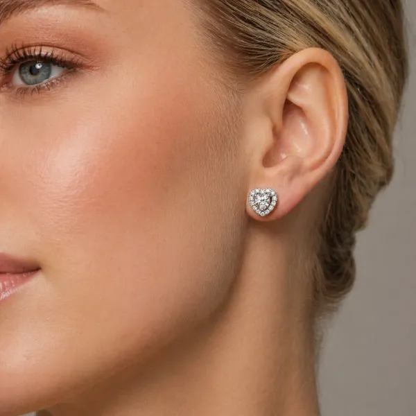 10K White Gold Heart Shaped Natural Diamond Halo Stud Earrings