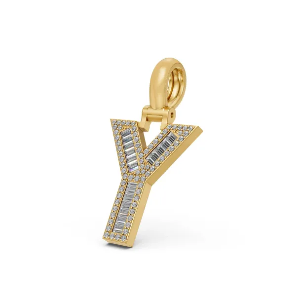 Unisex Baguette And Round Natural Diamond "Y" Initial Letter Charm Pendant