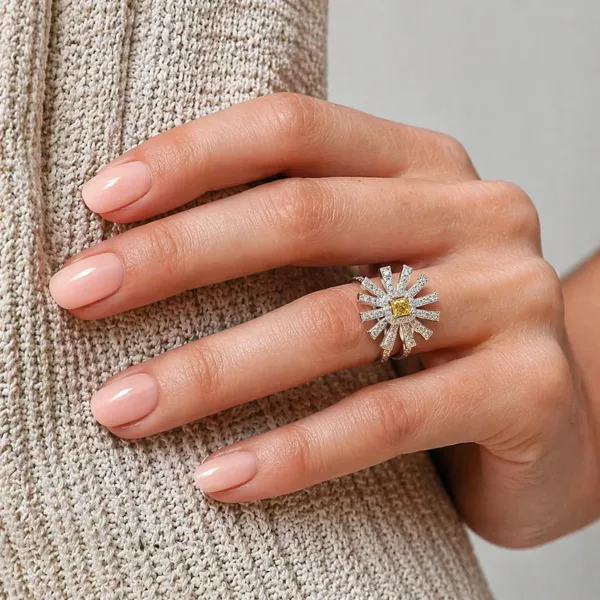 Amelia Luxury Floral Diamond Cocktail Ring With Princess Cut Yellow Stone