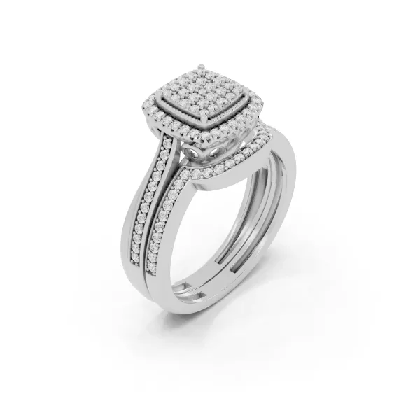 Paloma Cushion Shaped Cluster Round Natural Diamond Bridal Ring Set With Double Halo