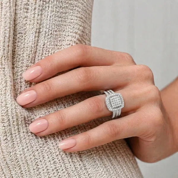 Paloma Cushion Shaped Cluster Round Natural Diamond Bridal Ring Set With Double Halo