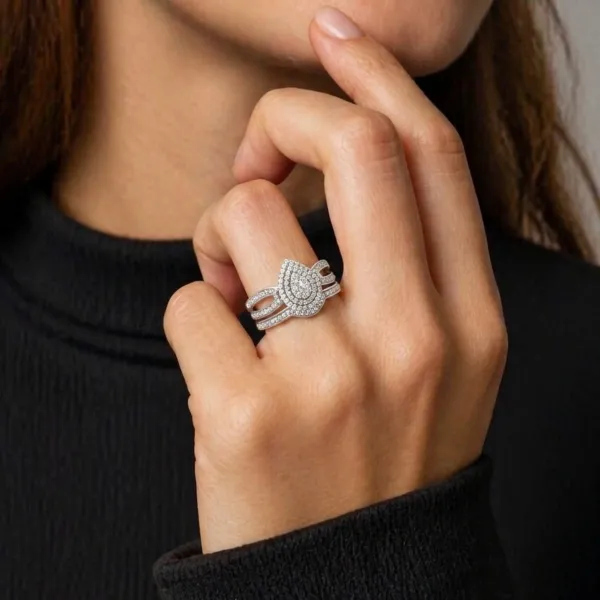 Noemi Elegant Pear Shape Natural Round Diamond Cluster Ring With Multi Layer Band