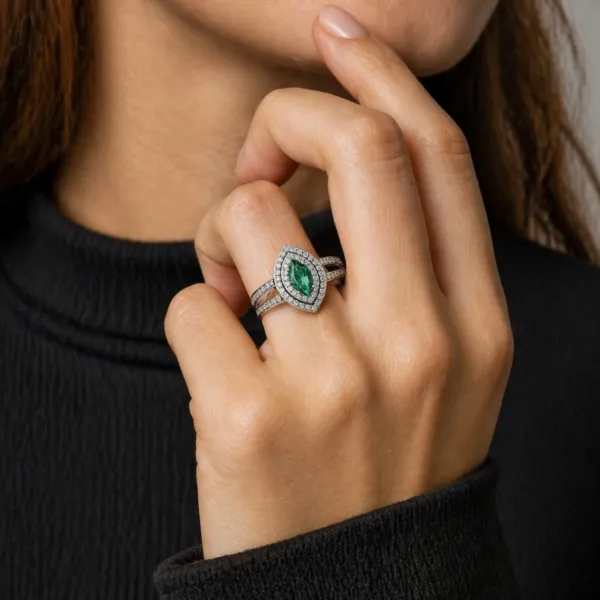 Naira 10K White Gold Marquise Cut Green Gemstone Diamond Halo Ring