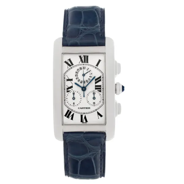 Cartier Tank Americaine Chronograph White Roman Dial on Midnight Blue Leather Ref 2312