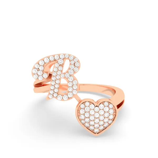 10K Rose Gold Heart Shaped Initial Letter B Diamond Rings For Women