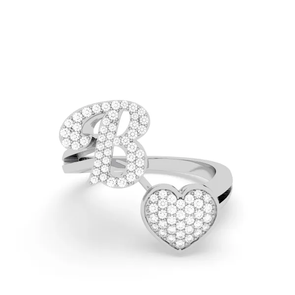 10K White Gold Heart Shaped Initial Letter B Diamond Rings For Women