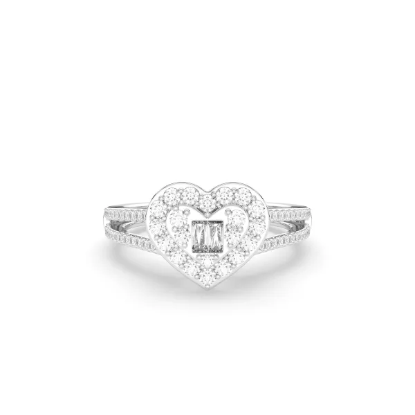 10K White Gold Women's Baguette And Round Cut Diamond Heart Engagement Ring