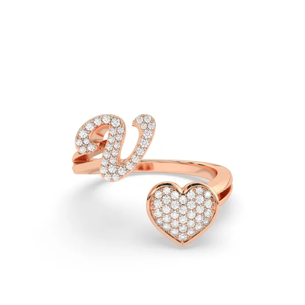 10K Rose Gold Round Diamond Heart Initial V Rings