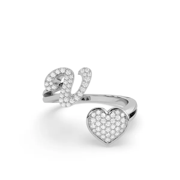 10K White Gold Round Diamond Heart Initial V Rings
