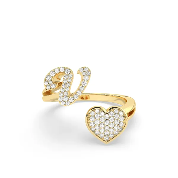 Gold Round Natural Diamond Heart Initial V Rings
