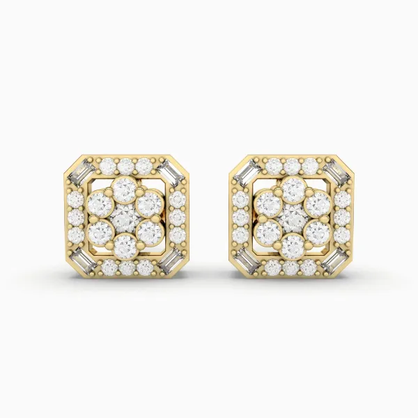 Gold Cushion Shaped Natural Diamond Stud Earrings For Women