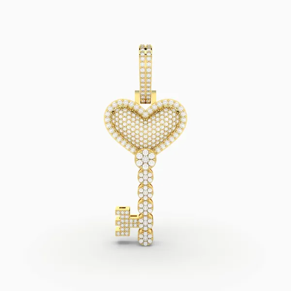 Natural Round Diamond Key With Heart Charm Pendant