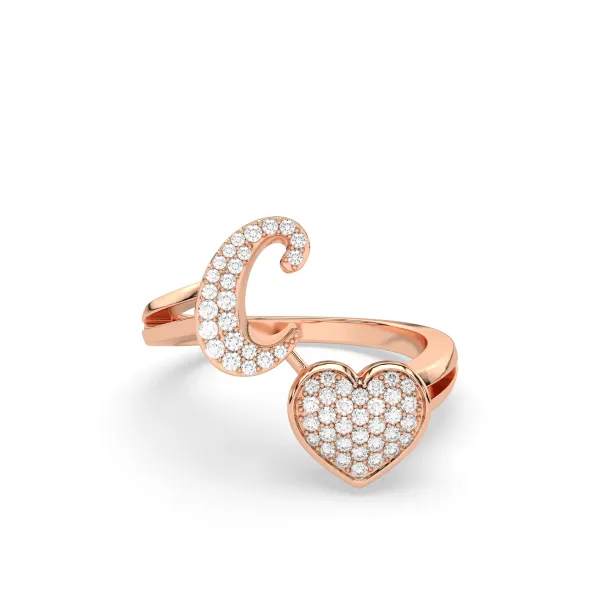 10K Rose Gold Initial Letter C Love Heart Shape Valentine Ring