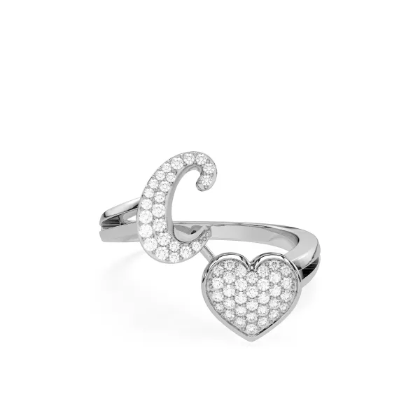 10K White Gold Initial Letter C Love Heart Shape Valentine Ring