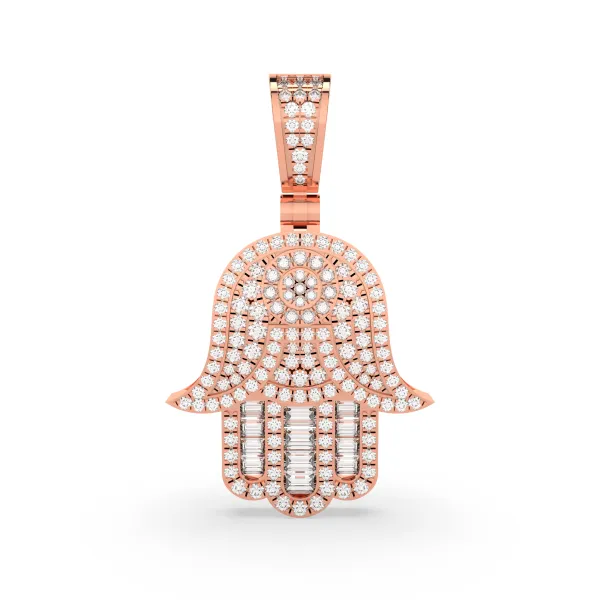10K Rose Gold Hamsa Hand Shape Round And Baguette Cut Natural Diamonds Pendant