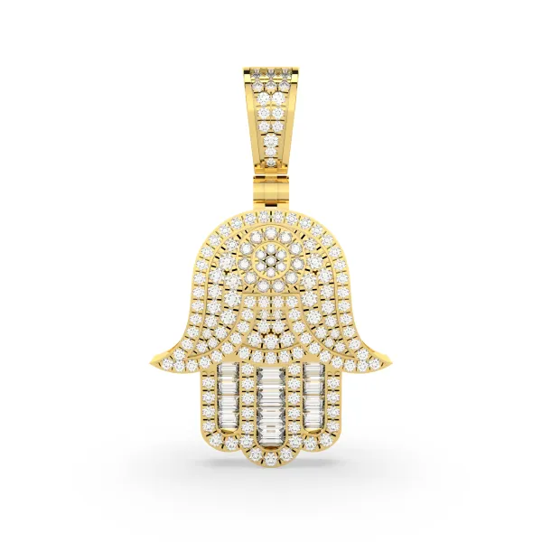 Hamsa Hand Shape Round And Baguette Cut Natural Diamonds Pendant