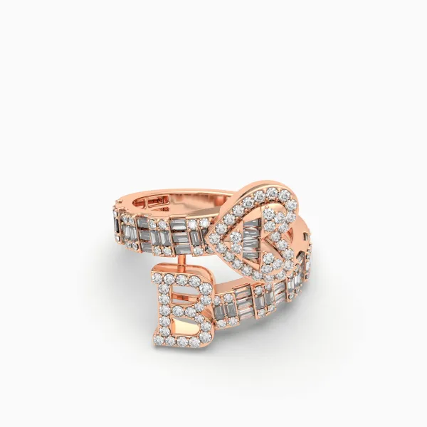 10K Rose Gold Baguette And Round Diamond Heart Initial B Rings