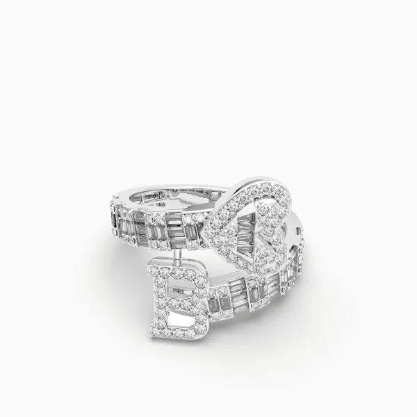10K White Gold Baguette And Round Diamond Heart Initial B Rings