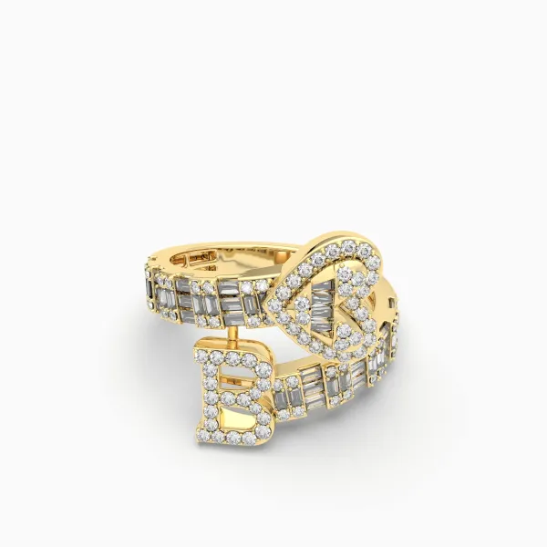 10K Yellow Gold Baguette And Round Diamond Heart Initial B Rings