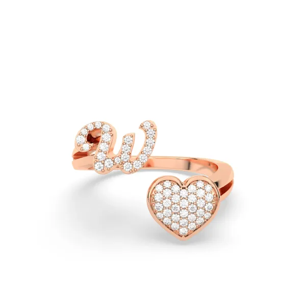 10K Rose Gold Round Diamond Heart Initial W Rings