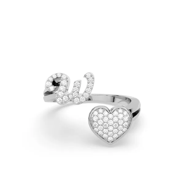 10K White Gold Round Diamond Heart Initial W Rings