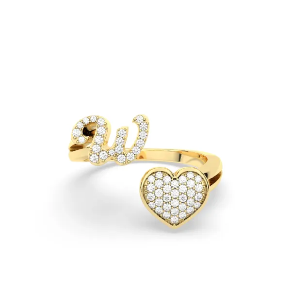 Gold Round Natural Diamond Heart Initial W Rings