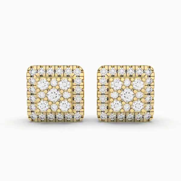 Double Square Halo Gold Natural Diamond Earrings